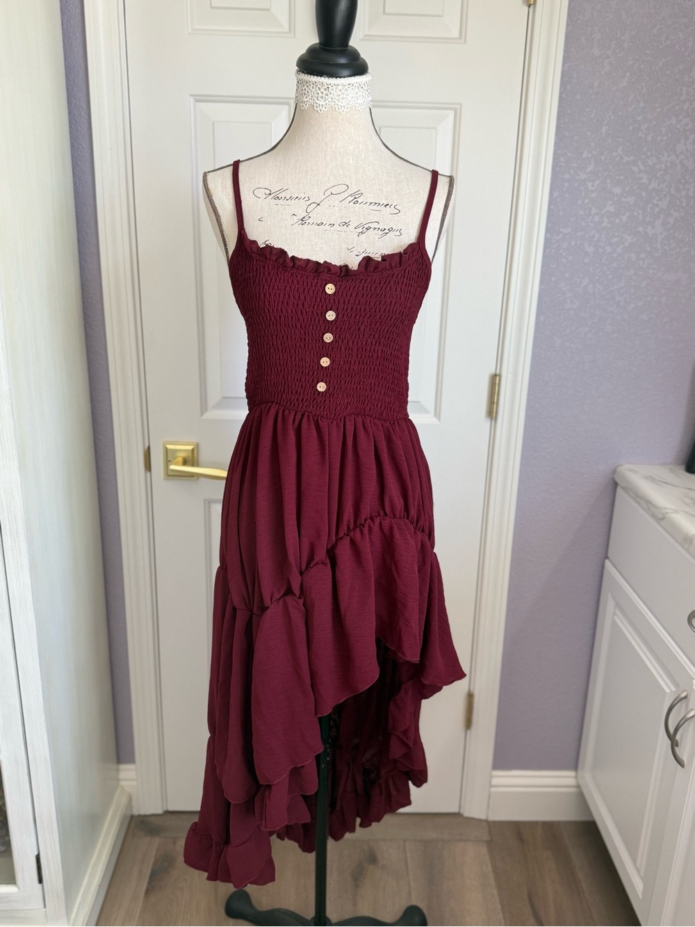 Amazon Burgundy Smocked Ruffled High-Low Midi Dress